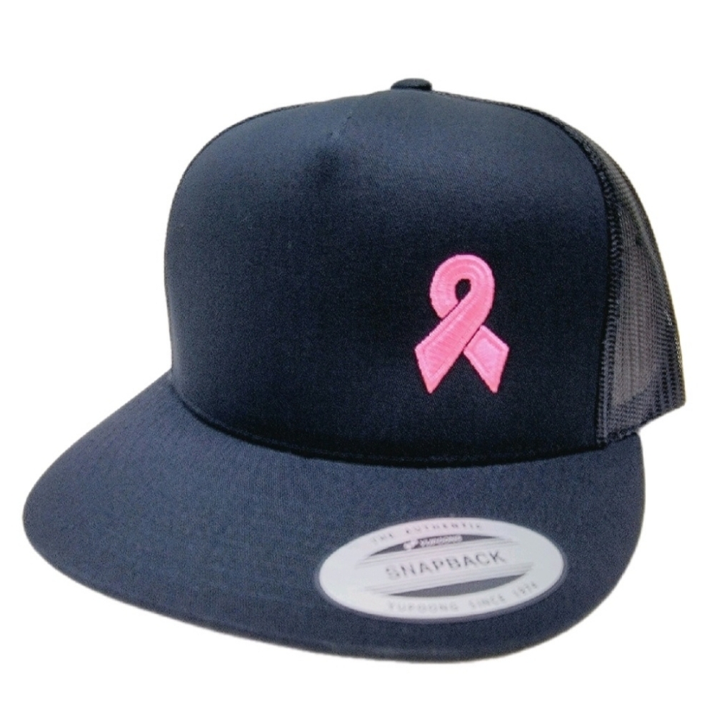 Breast Cancer Awareness Ribbon Mesh Snapback Direct Embroidered Black Cap Hat